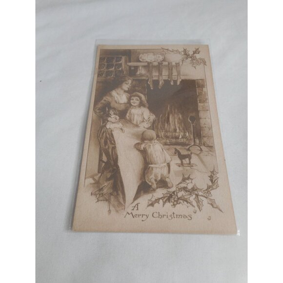 Vintage  Christmas Postcard unposted written Family Child Fireplace Gibson Art C - Picture 1 of 2